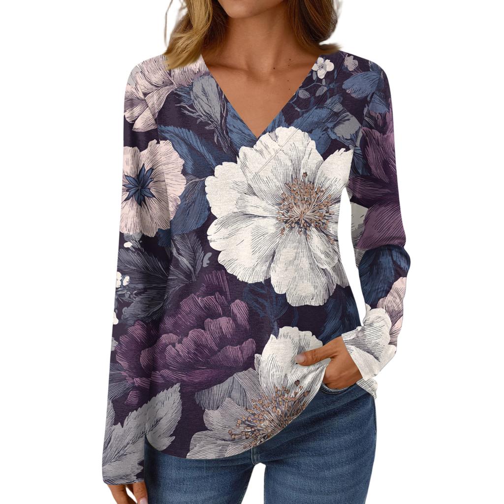 Women's Casual Fashion Brushed Retro Floral Print Long Sleeve V-Neck Top T-Shirt