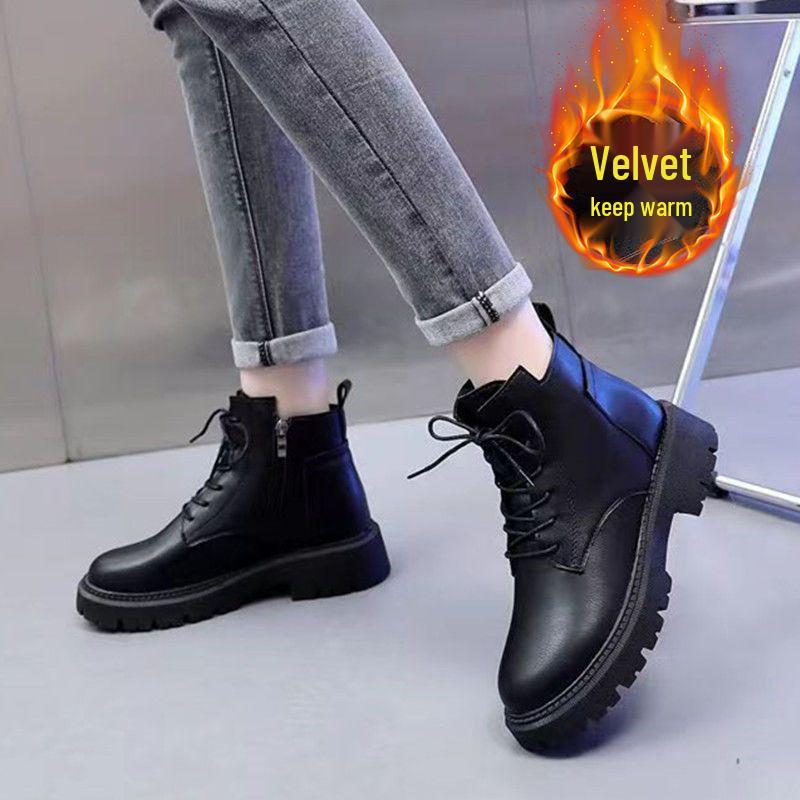 

Women s Soft Leather British-Style Martin Boots, Medium Heel, Warm Velvet, Large Size, Ankle-Length, Thick Sole, Autumn/Winter 2025. 35
