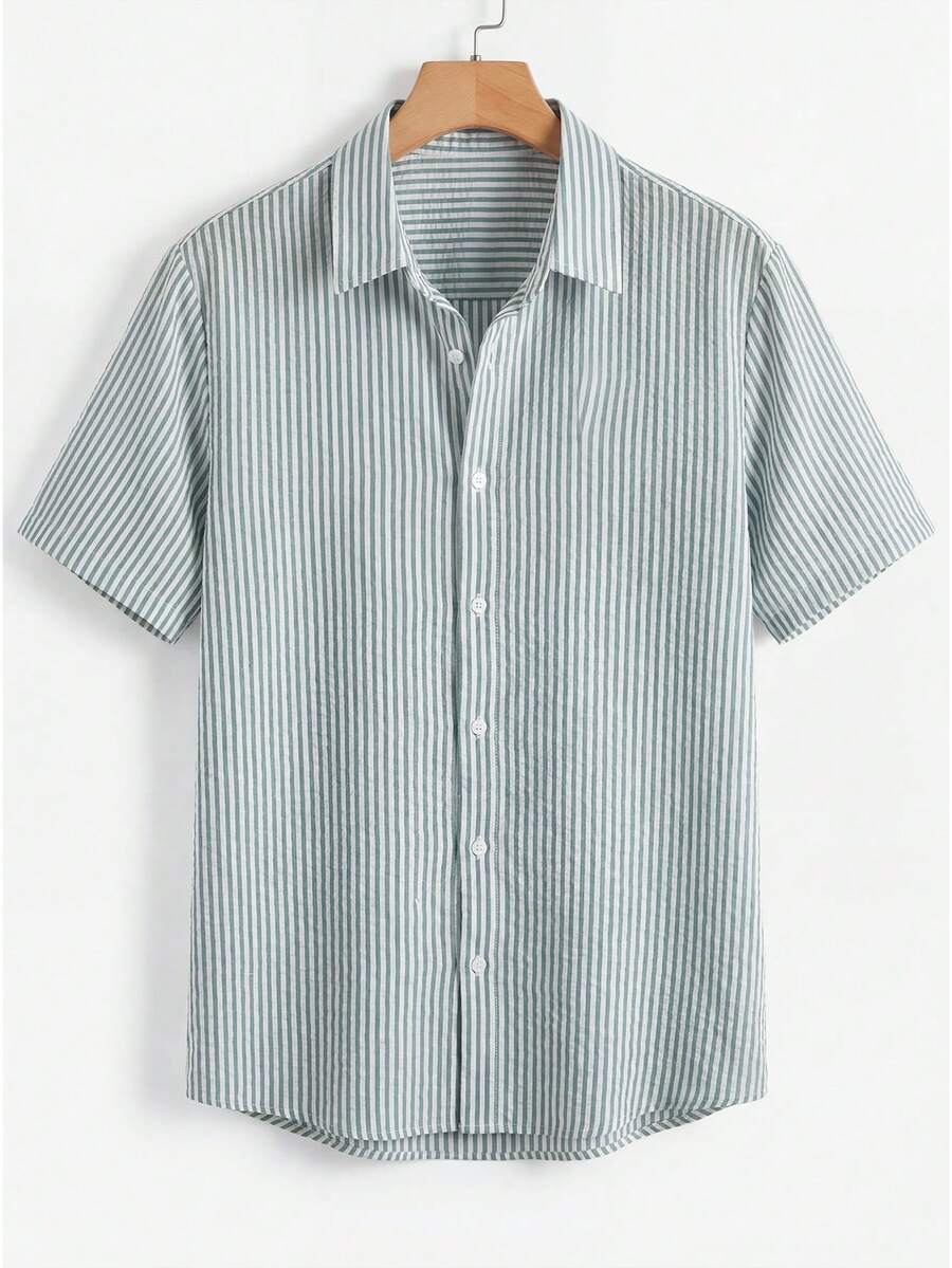 Herren Seersucker Gestreiftes Kurzarmhemd Lässig Atmungsaktiv Sommer Strand Button-Down Oberteil XL grün