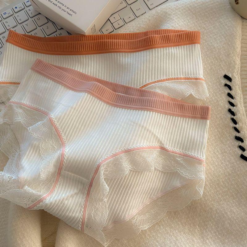 3 buc Lenjerie de corp din bumbac confortabil, respirabil, cu fir minim, cu margine din dantelă cu aspect feminin, talie medie, chiloți triunghi pentru femei