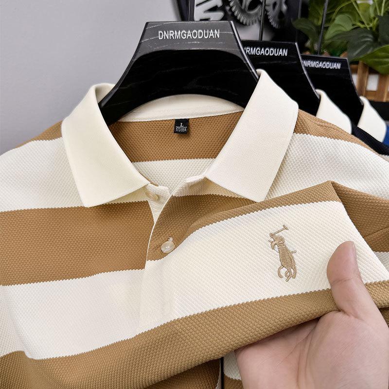 Polo à manches longues à rayures larges noir et blanc, t-shirt brodé décontracté pour homme