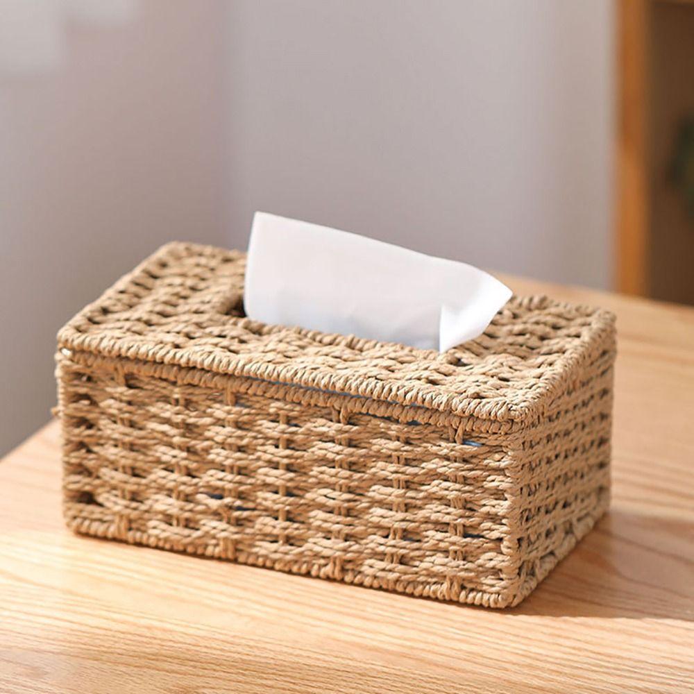 Large Capacity Woven Tissue Box Imitation Rattan Tissue Storage Organizer Dining-table
