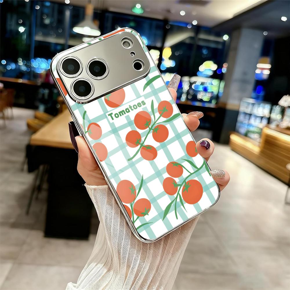 

Ins Fruit Fashion Phone Case For iPhone 17 16 15 14 13 12 Pro Max Plus Electroplated Metal Shockproof Bumper Case Glass Back iPhone 14 Pro Max