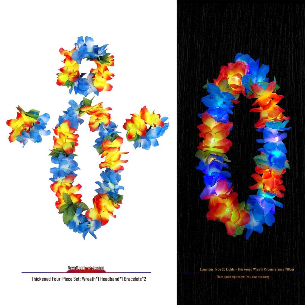 Hawaiian Luminous Flower Garland & Hula Skirt Set - Summer Costume Accessories for Annual Stage Events