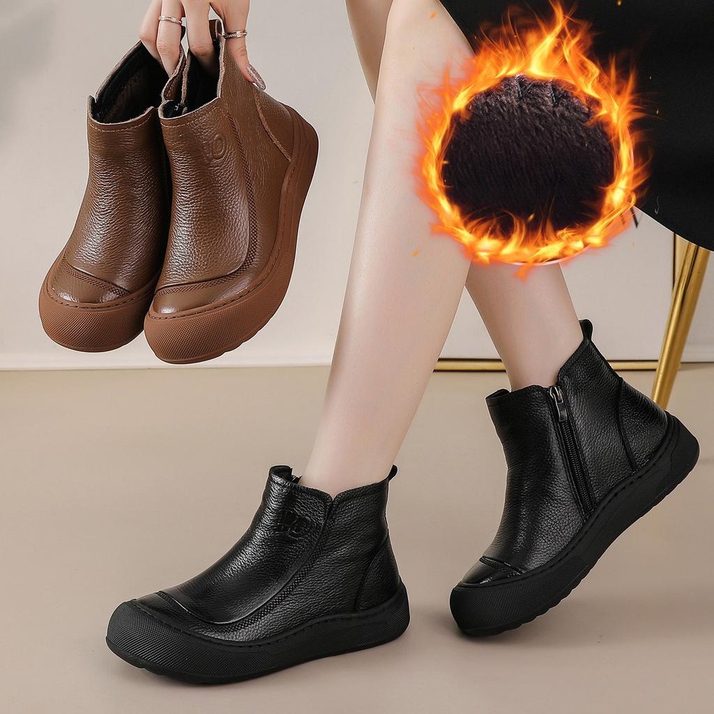 Women's Large Size Soft Sole Winter Warm Non-slip Cowhide Leather Snow Boots Padded Lined Ankle Boots Waterproof Outdoor Sports Cotton Boots