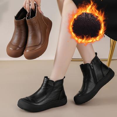 Women's Large Size Soft Sole Winter Warm Non-slip Cowhide Leather Snow Boots Padded Lined Ankle Boots Waterproof Outdoor Sports Cotton Boots