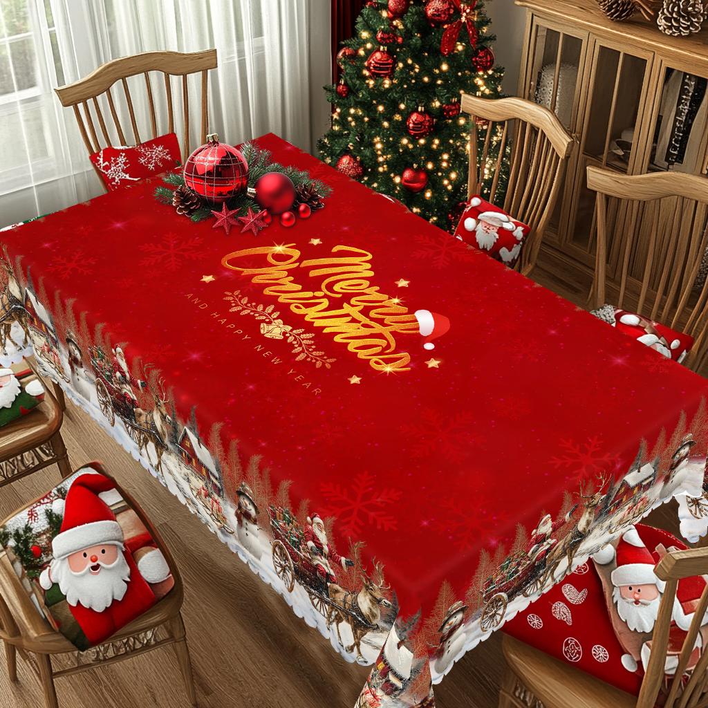 Weihnachts-Vintage-Bauernhaus-Tischdecke mit Weihnachtsmann-, Rentier- & Weihnachtsbaum-Aufdrucken. Rechteckige & runde Größen für Weihnachts-/Neujahrspartys, Küche, Innenbereich &