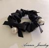 Avance Hair Accessory Hair Tie Scrunchie with Pearl Cute and Adult Style for Beige and Black Ribbon, Women, (Black)