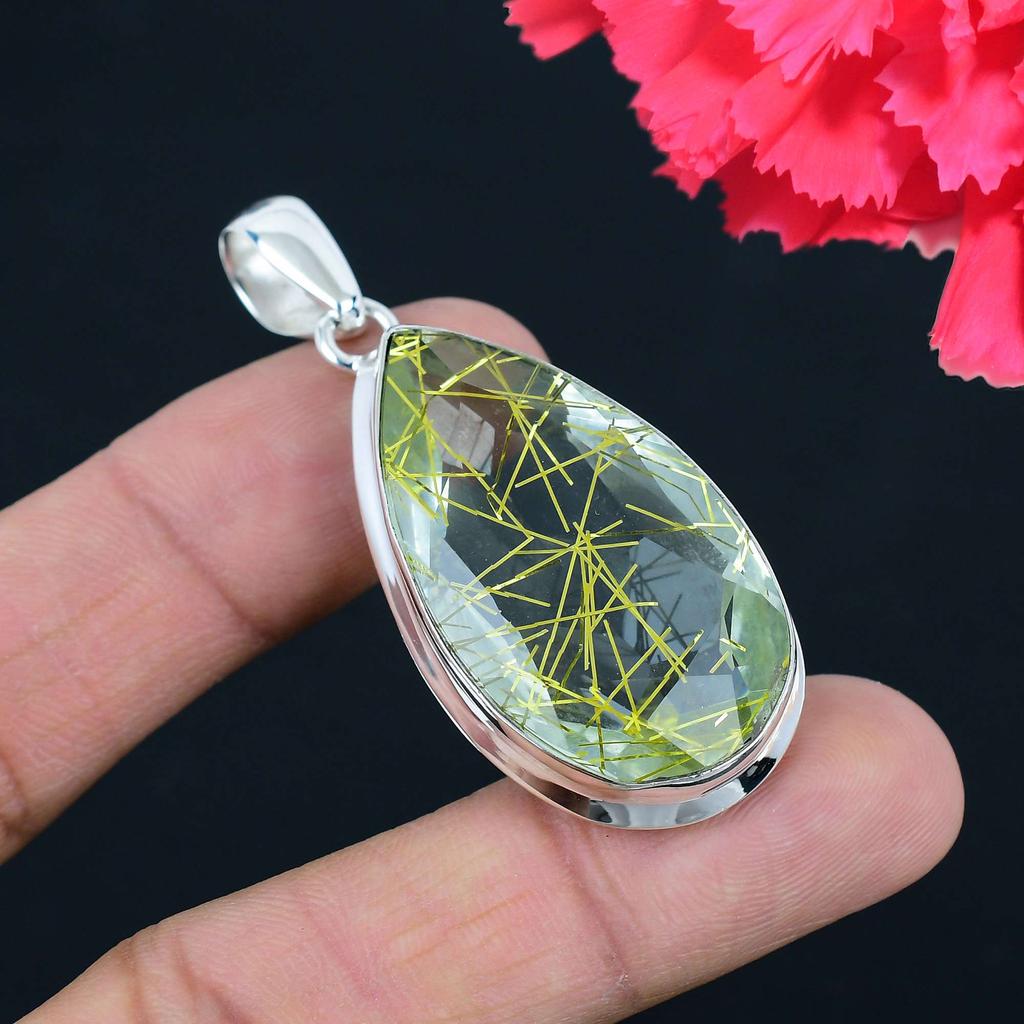 Golden Rutile Gemstone Pendant Solid 925 Sterling Silver Pendant Jewelry Gift For Unisex