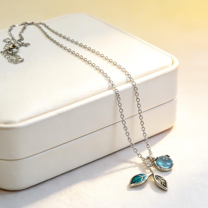 S925 Sterling Silver Necklaces For Women Simple Minimalist Pendant Necklaces Blue Leaf Moon Stone Chain Necklace Birthday Gift