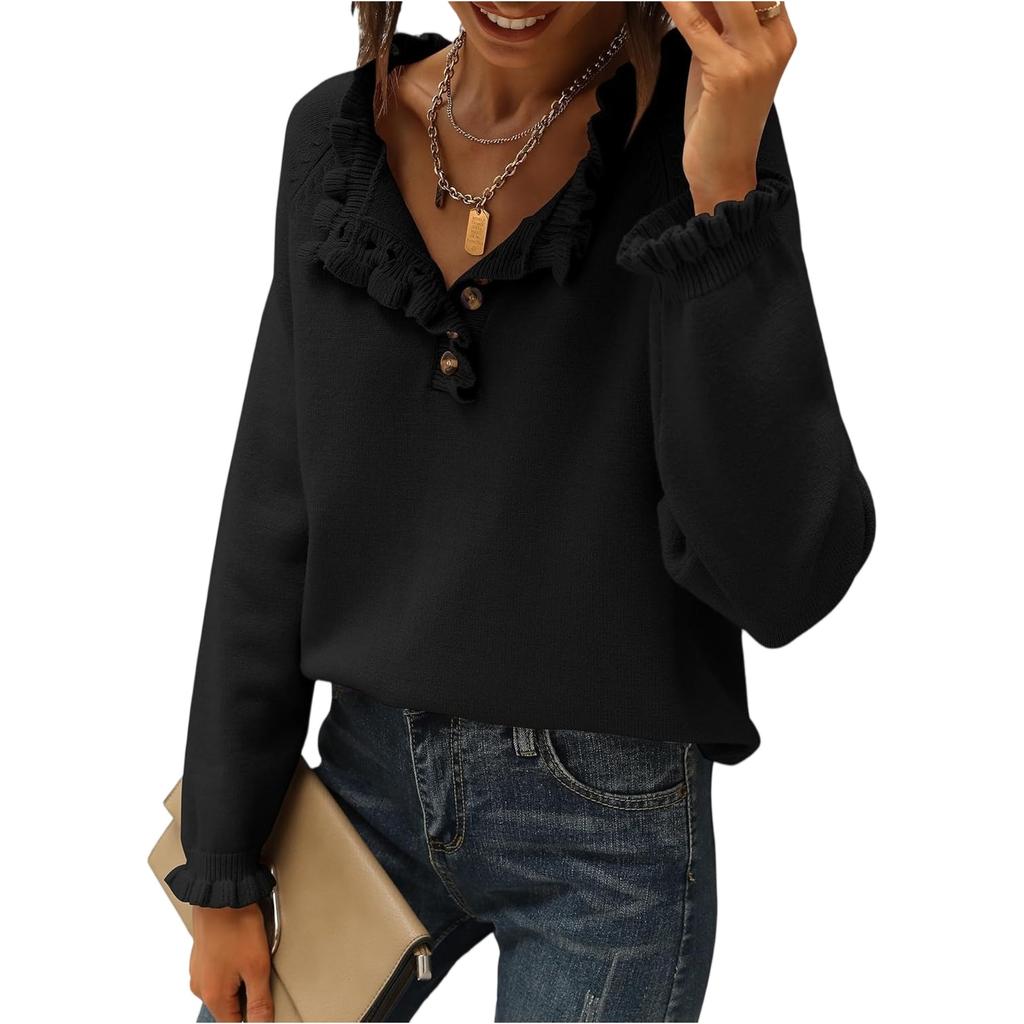 Damenmode Strick Casual Langarm Knopfleiste Rüschen Pullover