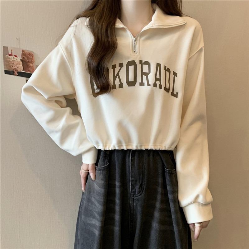 Half zipper PO neck sweater women's thin loose drawstring hem real shot short long sleeves on clothes