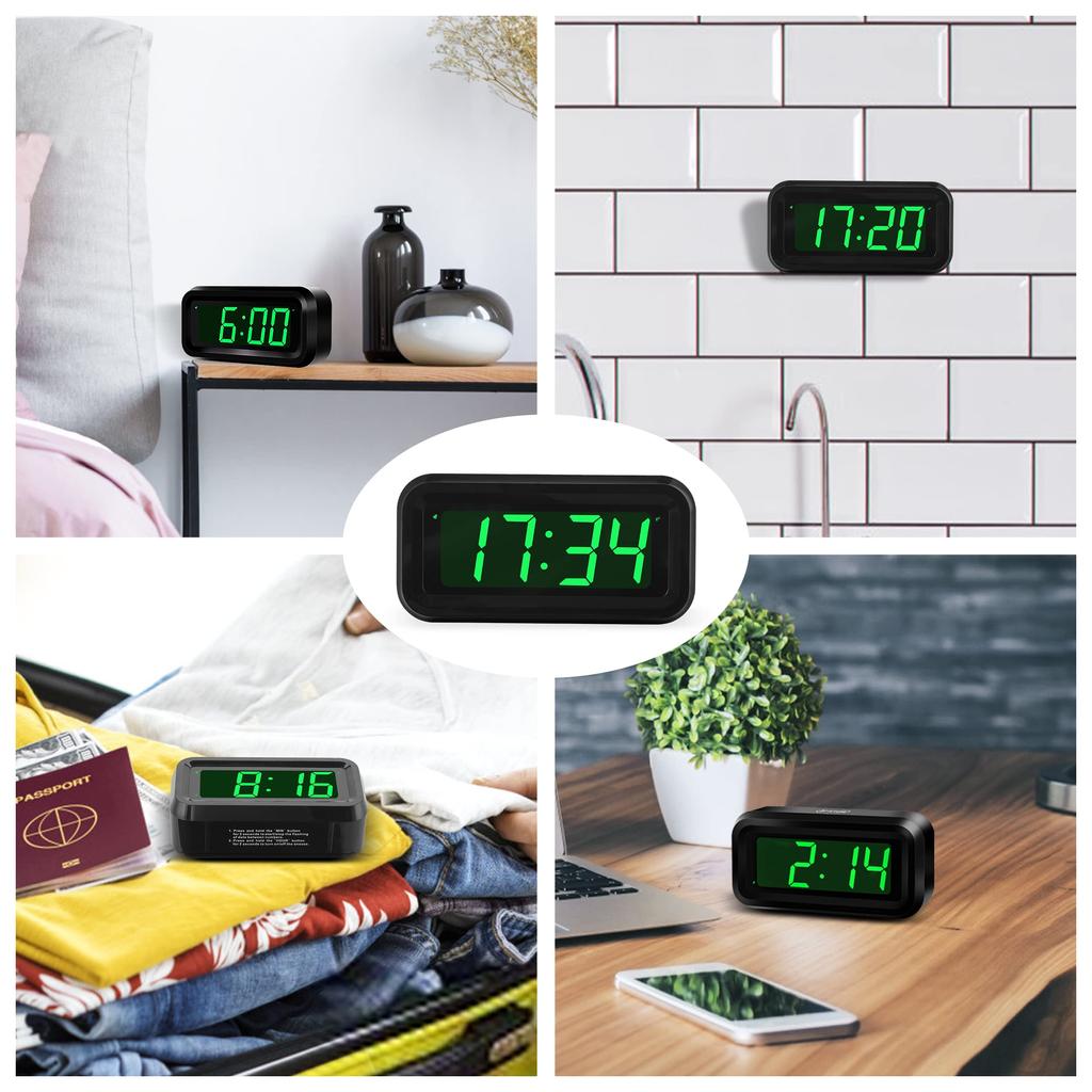 KWANWA Alarm Clock Small Digital Clock Inch Green LED Clock Adjustable Brightness Dim Night Mode Battery Operated Wall Mounted Snooze Bedroom Clock