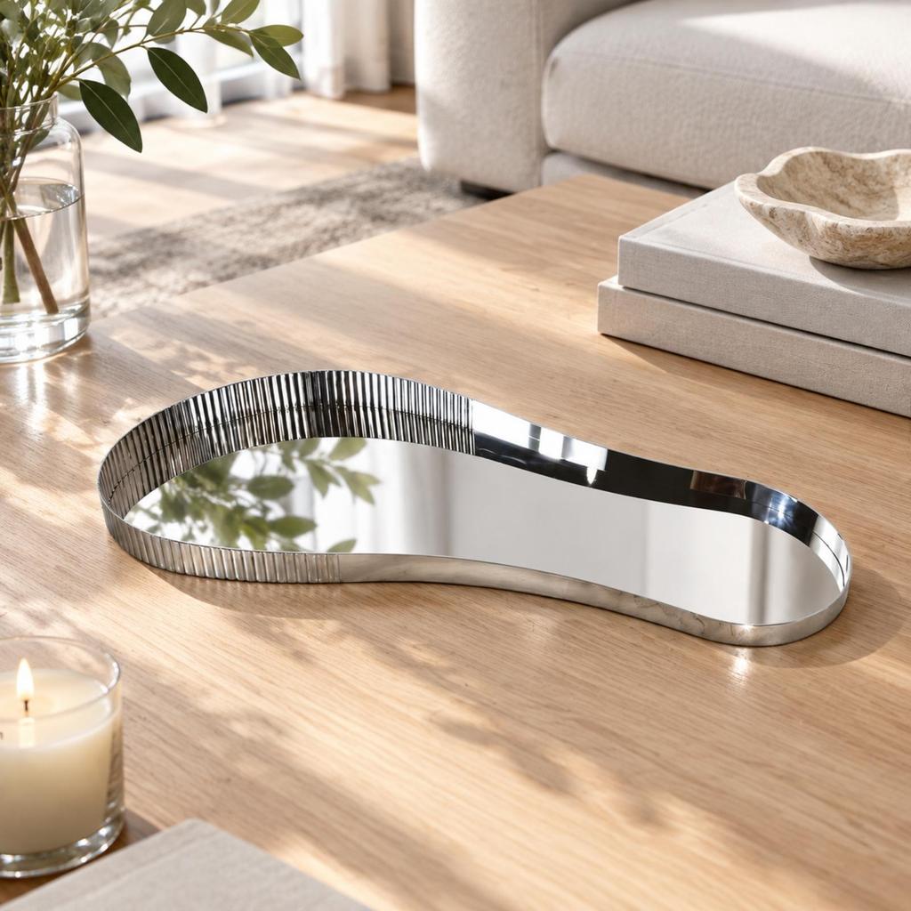 Display Tray with Ribbed Borderless Mirror Finish Serving Silver for Living Room, Dining Area,