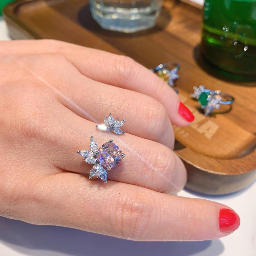 2024 Popular Retro Micro-diamond Gold Yellow Diamond Ring Female Simple Temperament Pink Diamond Fairy Ring