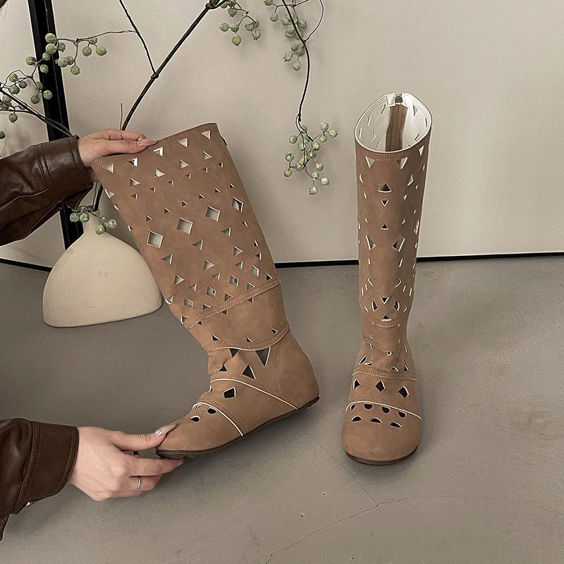 Spot second hair~ Bohemian niche design inner heightening knight boots women's hollow carved thin boots