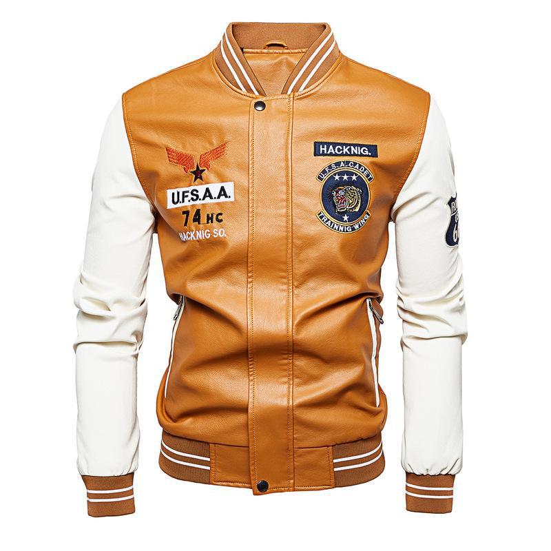 Motorcycle Leather Jacket Men's Casual Embroidered Baseball Jersey Slim Fit Zipper PU Jacket