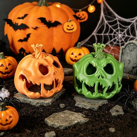 Festive Orange Green Ornament 3D Printed Skull Pumpkin Candle Holder, Hollow Design Durable PLA Halloween Figure Figurine, Multifunctional Ambient