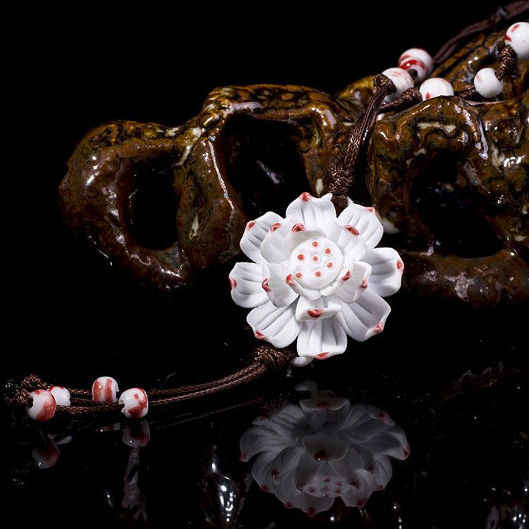 Classical Ceramic Blue and White Porcelain Peony Flower Necklace Women's Literary Retro Versatile Long Sweater Chain Accessories