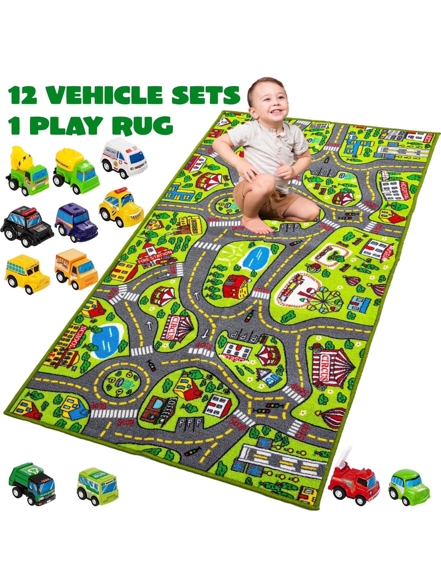 

Joyfy Kids Play Rug With Durable 12 Pull-Back Vehicle City Car Track Playmat Rug for Kid Best Birthday Christmas Gift