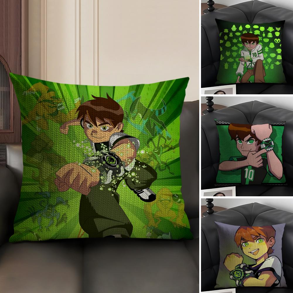 Cartoon B-Ben 10 Cool Cushion Cover Natural Linen Organic Fabric Double-Sided Printing Sofa Home Decor Gift Pillow Case