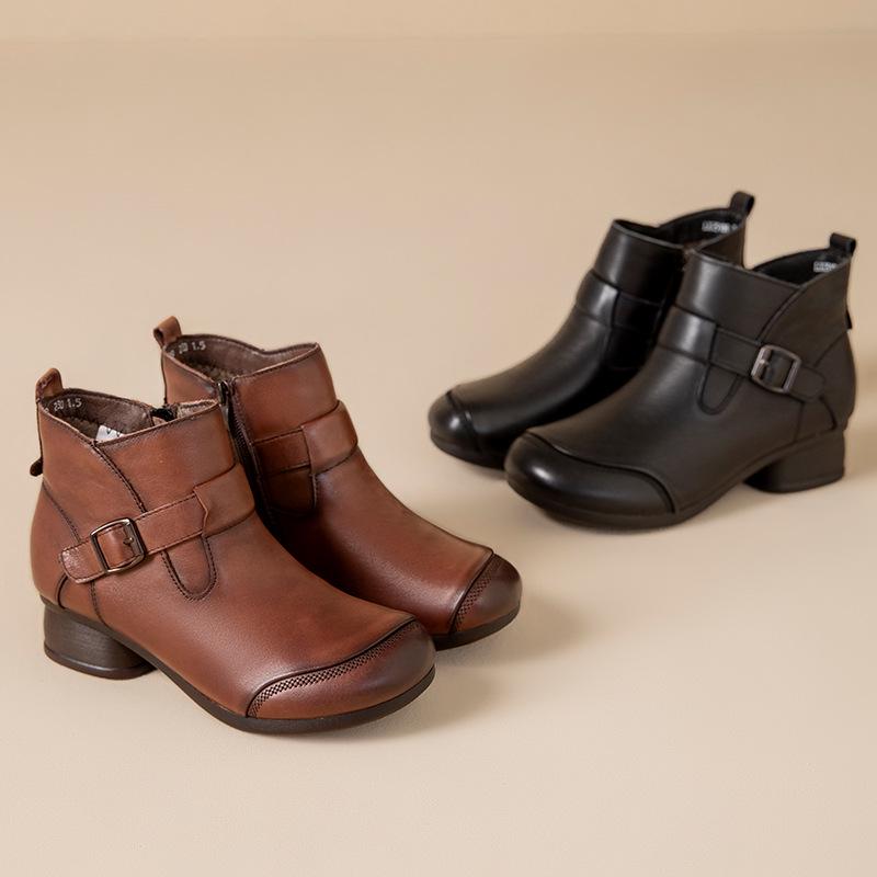 2025 Women's Vintage British High-Top Leather Boots - Autumn/Winter Slip-On, Versatile, Comfortable