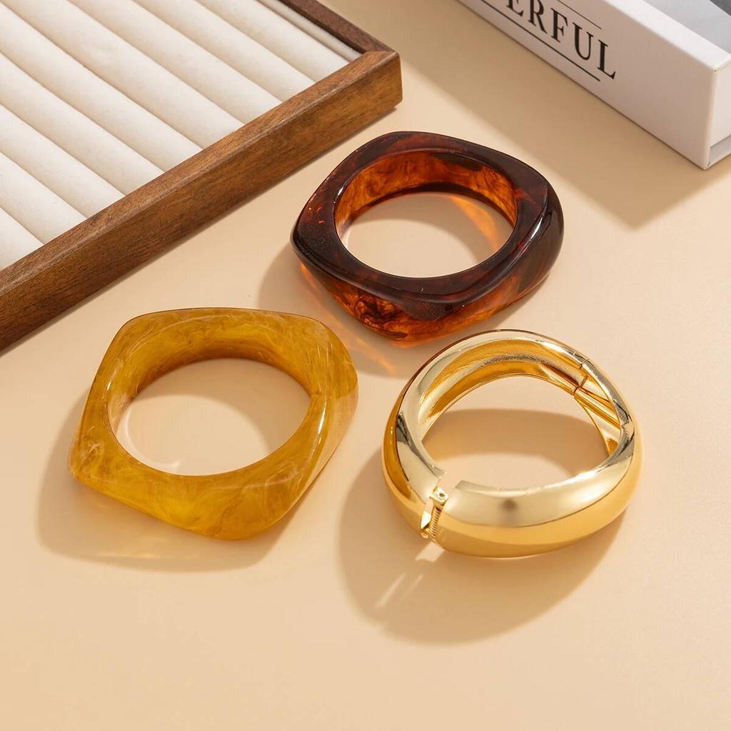 Salircon 3 Styles Vintage Punk Brown Coffee Thick Resin Acrylic Bangles Geometric Irregular Wide Cuff Bracelet Women Men Jewelry