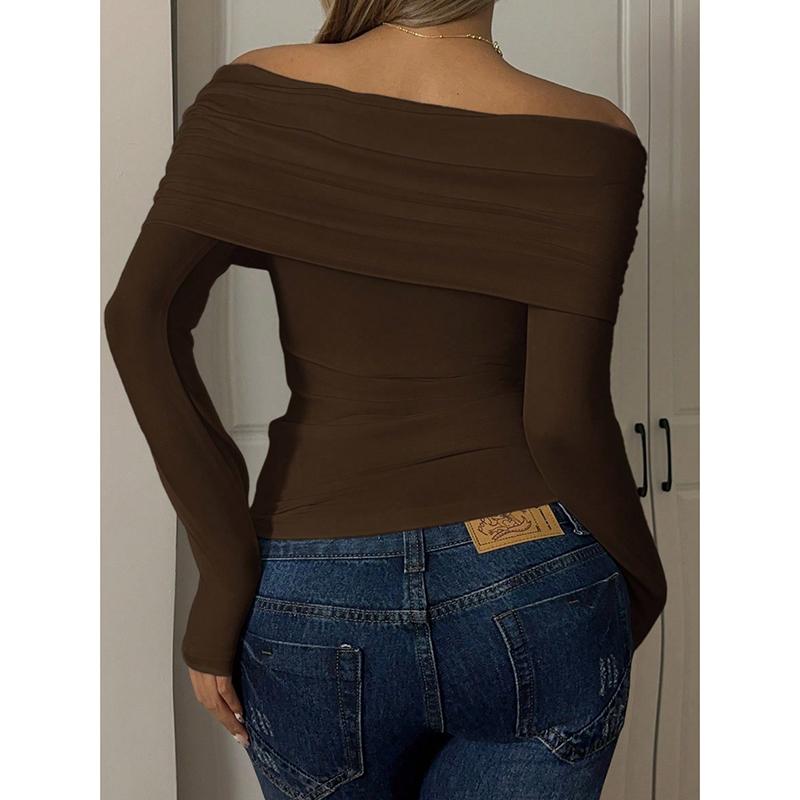 Casual Solid Off-Shoulder Basic T-Shirt Women Chic Office Lady Long Sleeve Pullover Top Vintage Autumn Clothes