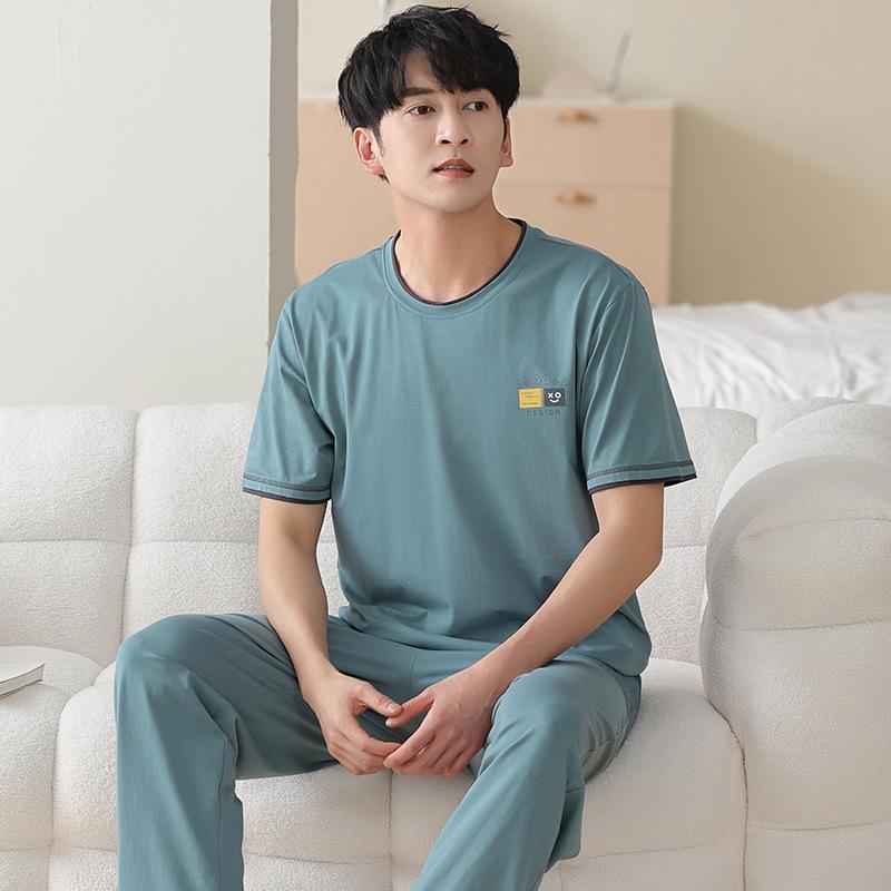 New pajamas men's summer pure cotton short-sleeved trousers youth cotton thin large-size outer loungewear suit