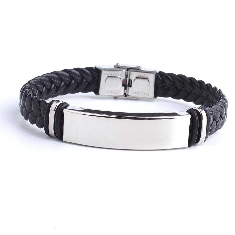 Punk SOS Custom Engrave Text Leather Bangle & Bracelet Stainless Steel Bracelets For Women Men ID Bracelet
