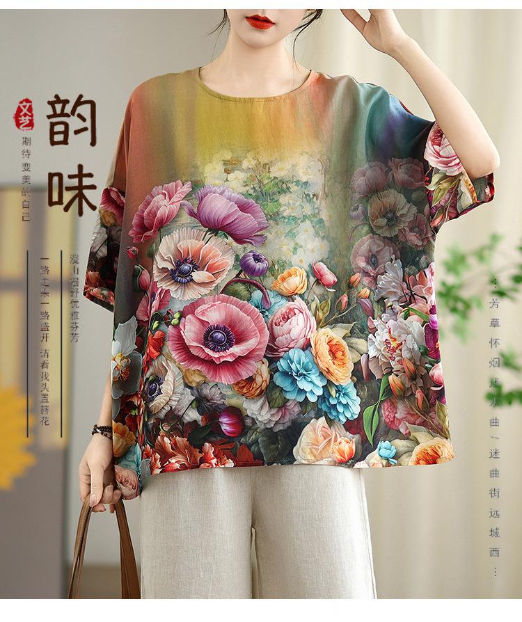 1116 Large Size Retro Cotton and Linen Printed Half-sleeved T-shirt Women's Summer Loose Fat Mm Belly Covering and Thin Foreign Style Top
