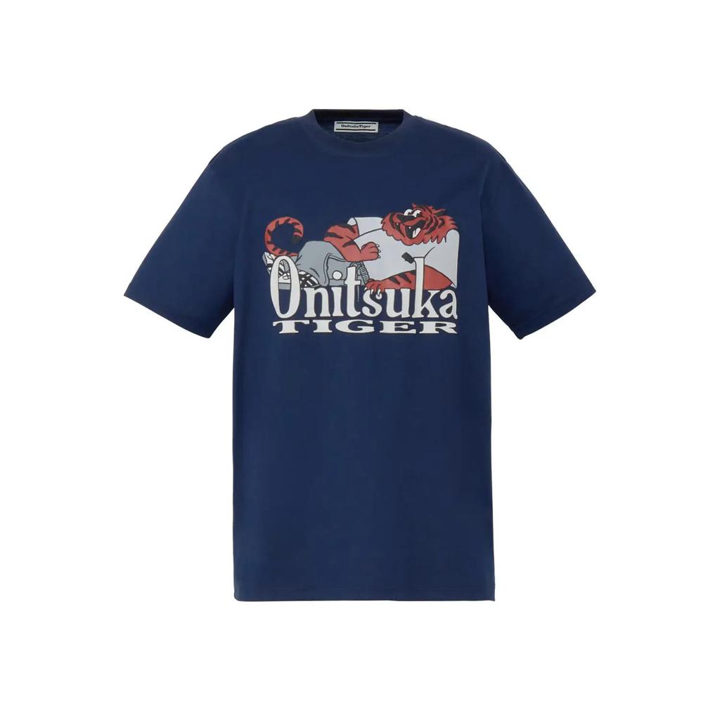 ONITSUKA TIGER Graphic Tee Solid Color Short Sleeve Crew Neck T-Shirt Unisex Tops Navy-Blue 2183B607-400