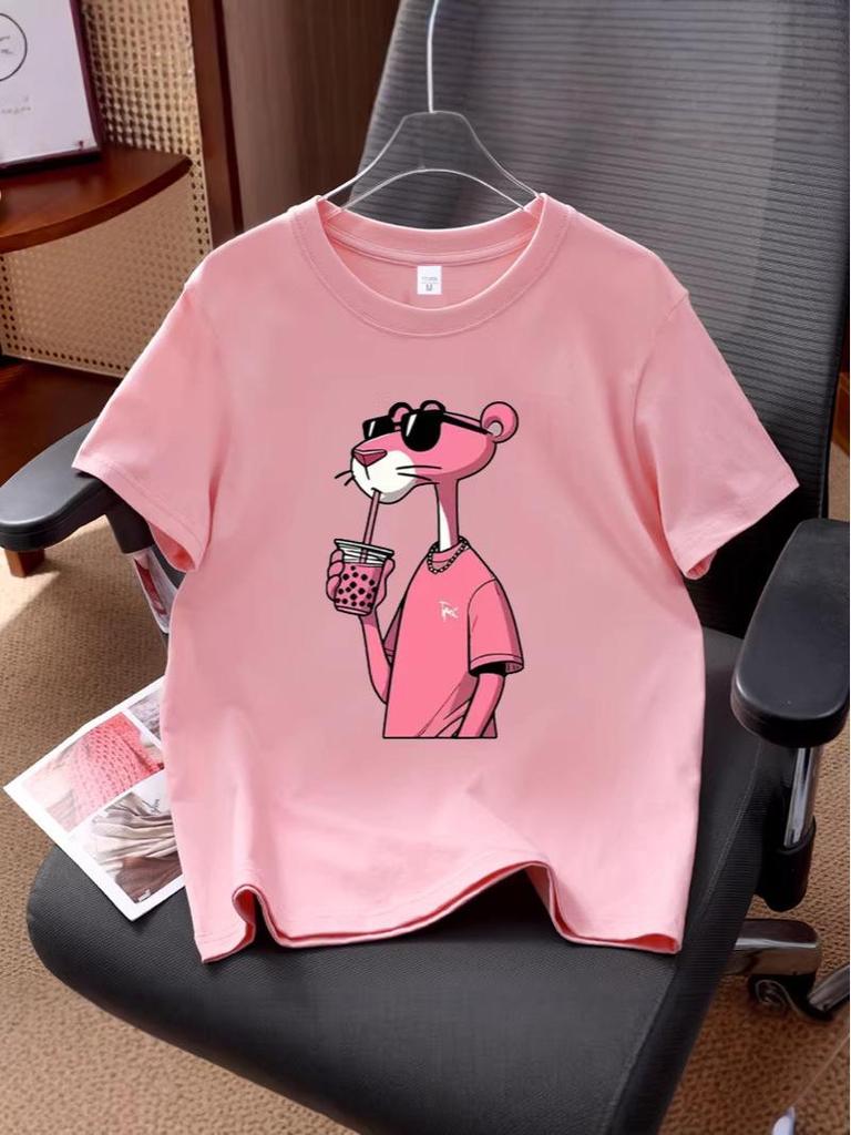 Unisex Pink Leopard Print Short Sleeve Cotton Top