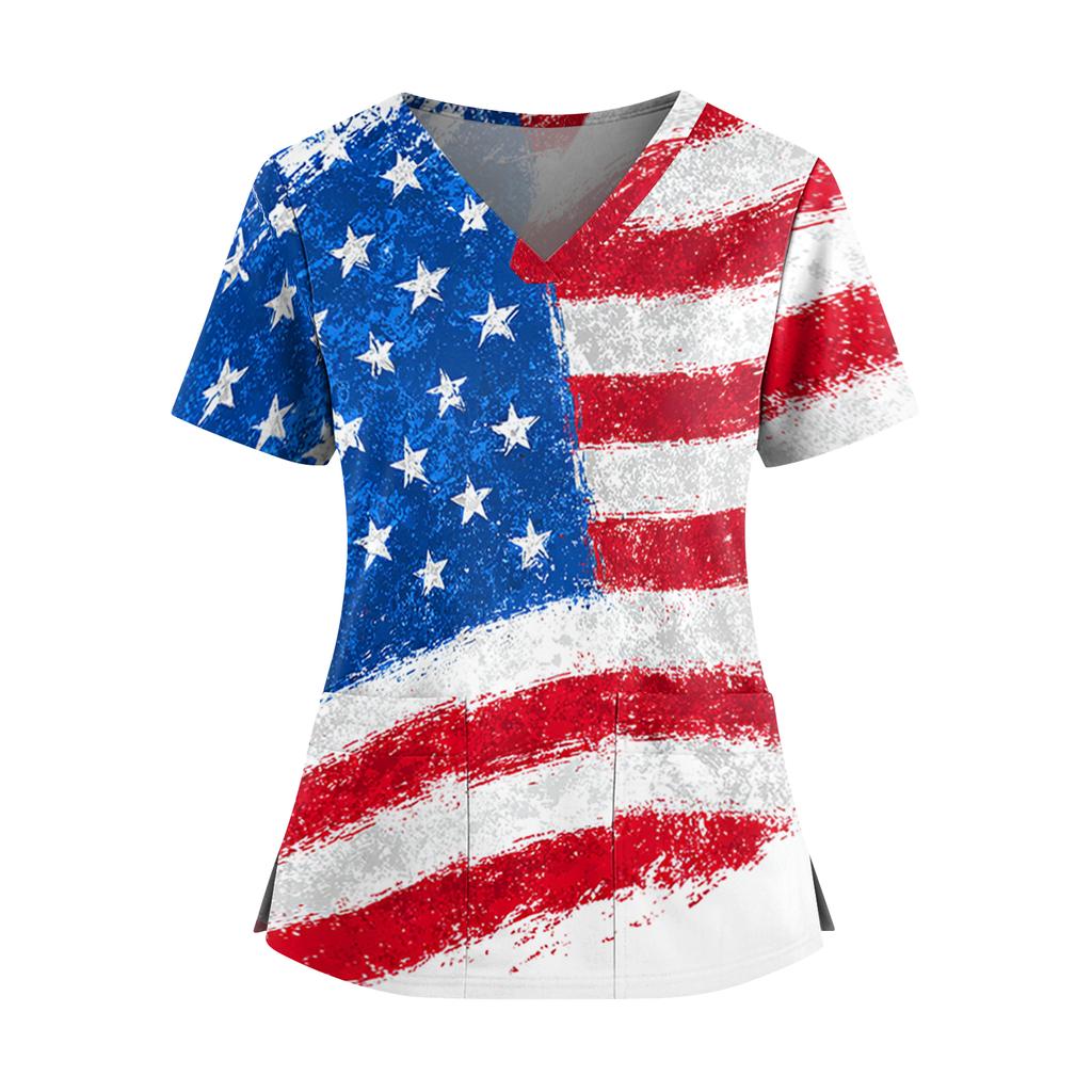 Women's Independence Day Print V-Neck Double Pocket Short Sleeve Uniform with Slit Hem - Caregiver Top