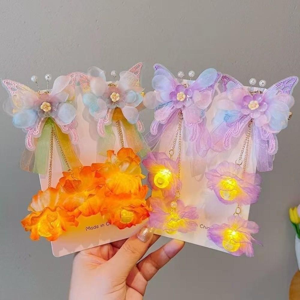 2pcs/set Luminous Flower Faux Flower Hairpin Extra Large Shake Tassels Butterfly Hairclips Silk Tassel Hair Clip Children's Use