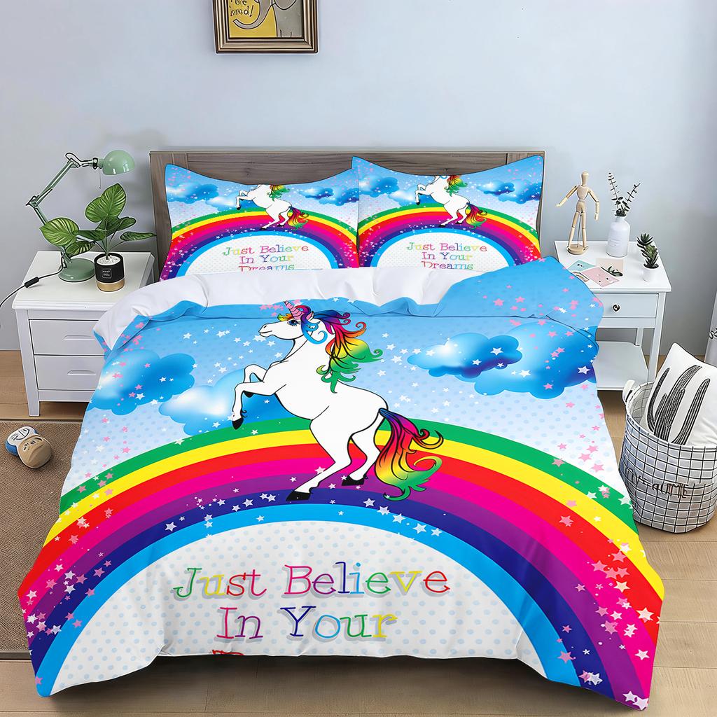 Cute Flowers Rainbow Unicorn Couple Bedding Set Pink Hearts Duvet Cover Pillowcase For Girls Bedroom Decor