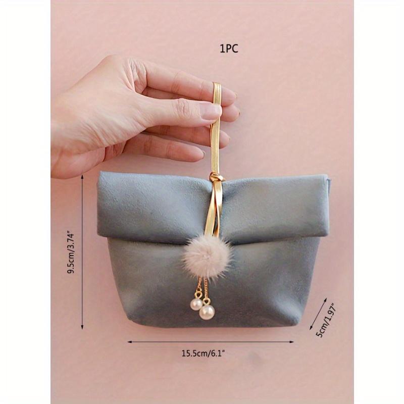 1 Stück 5cm*15.5cm*9.5cm Dekorative Geschenktasche mit Kunstperle und Pompon, Schmuckaufbewahrungstasche, Kosmetik-Reisetasche, Rosa Polyester Geschenkverpackungstasche