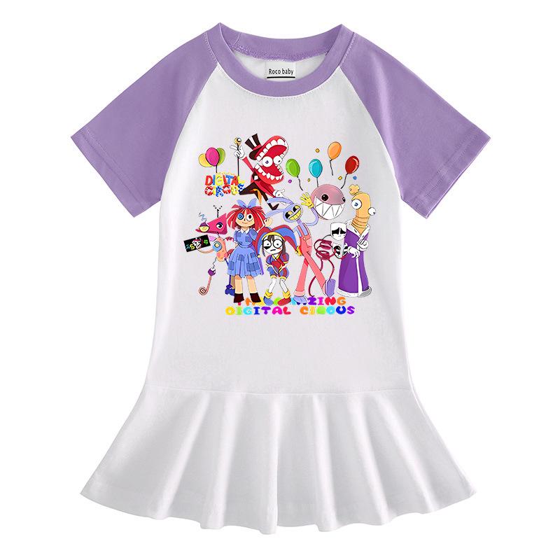 2026 Korean Style Kids' Cartoon Dress: Color Block Pleated Skirt with Short Sleeves for Girls