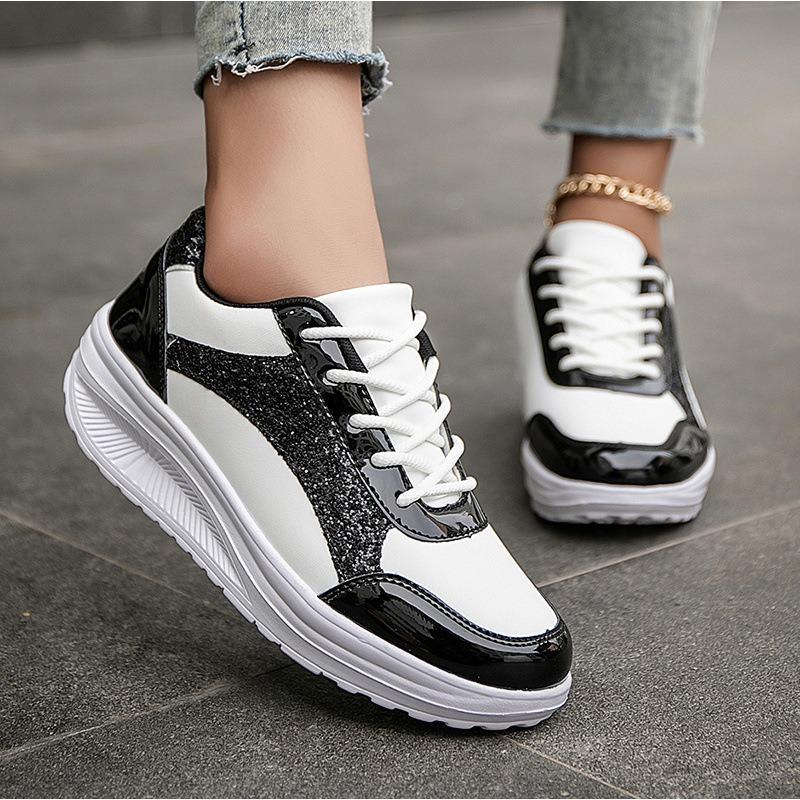 Women'S Pure Color Sequins Sneaker Lace-Up Platform Sequined Decorative Walking Rock Shoes High Top Sneakers Sneaker