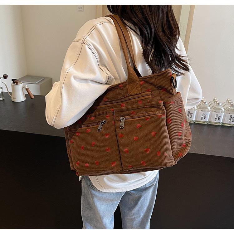 Corduroy Strawberry Print Tote Bag | Large Capacity Multi-Pocket Shoulder Crossbody Bag | Cute Kawaii School Commute Handbag