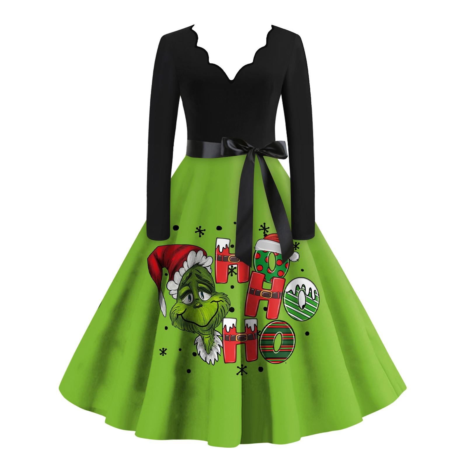 

Женские рождественские повседневные модные винтажные платья с v-образным вырезом и длинными рукавами с принтом S