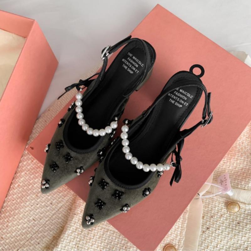 Fashion 2025 New Summer Pointed Pearl Mary Jane French Style Back Air High Heels Single Shoes Baotou Sandals Women's Coarse Heels