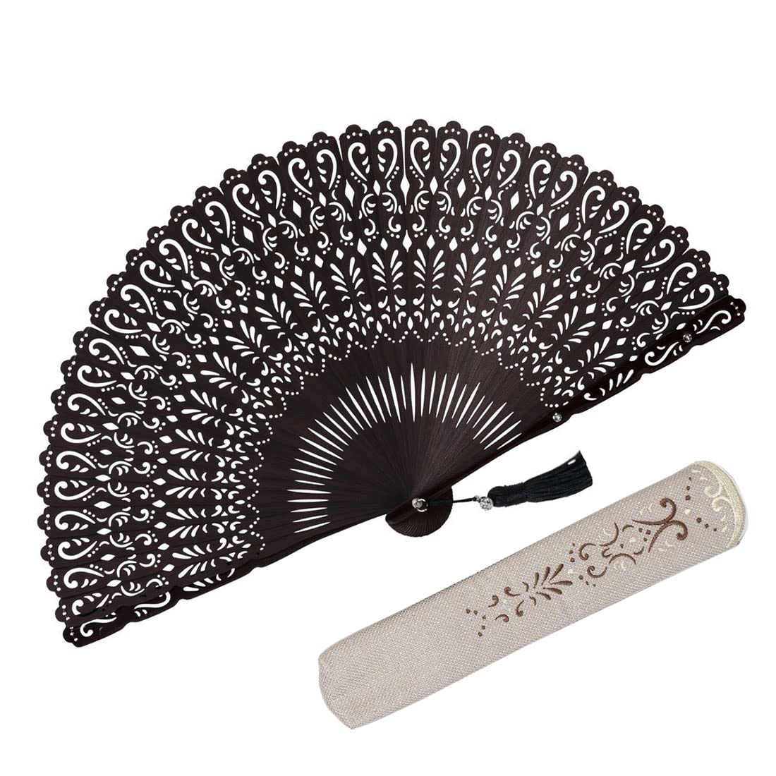 Kimono Charme Folding Fan and Fan Pouch Glossy Painted Crystal Fan [Stylish Iroha] Set, Frame, Glass, All-Bamboo (Dark Brown)