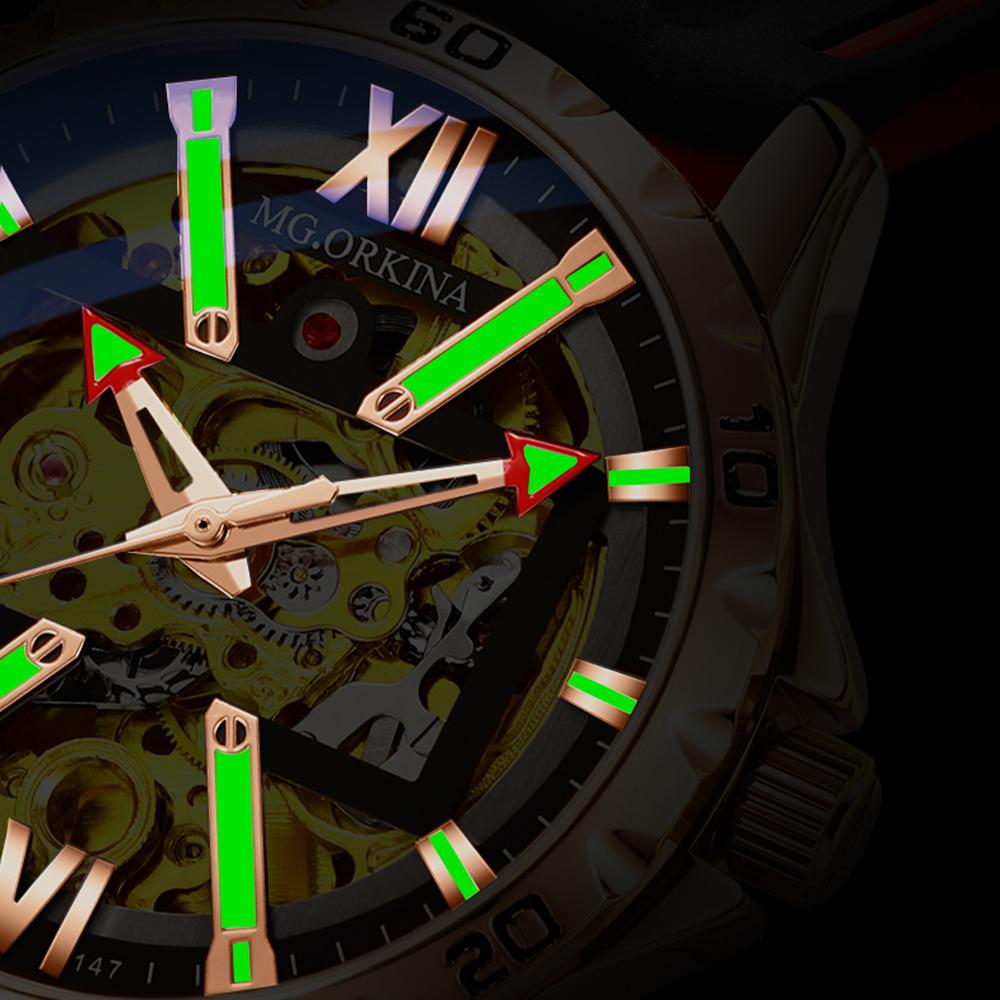 ORKINA Sports Outdoor Automatic Watch for Men Luminous Hands Gold Skeleton Mechanical Watches Luxury Brand Rubber Strap Clock