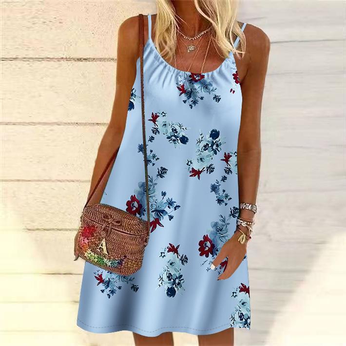 Women Flower Pale Pink Rose Printed Mini Dress Sleeveless Party Dress Summer Beach Dress Sundress