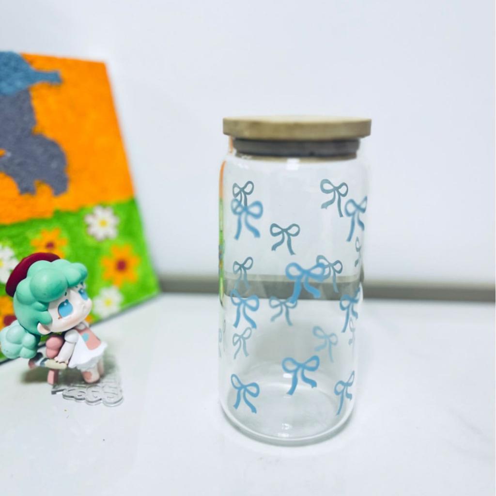 500ml Cute Bow Glass Cup Bow Bear Pattern Water Bottle Coffee Cups With Lids Straw Brush Valentine's Day Party Gift