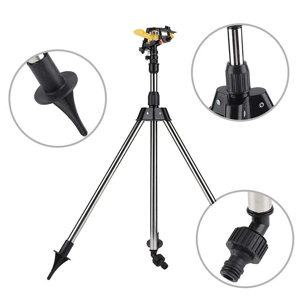 Automatic Watering Sprinkler with 24m Spray Range, 360° Rotation, Adjustable Height, Tripod, Misting, Stainless Steel, Irrigation System for Lawns