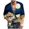 Men's Half Short Sleeve Cotton Linen V Neck Print Loose Shirts