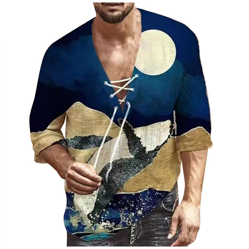 Men's Half Short Sleeve Cotton Linen V Neck Print Loose Shirts