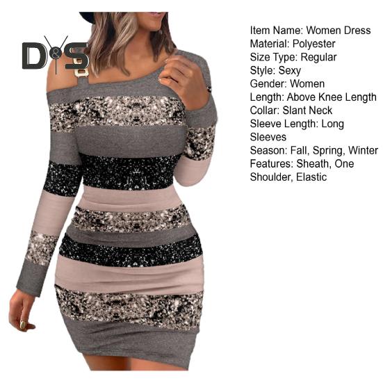 Abito da donna autunno-primavera, monospalla, manica lunga, catena elastica, decorazione, tubino, vita stretta, pieghe, paillettes, vestibilità slim sopra il ginocchio, mini abito da club per feste